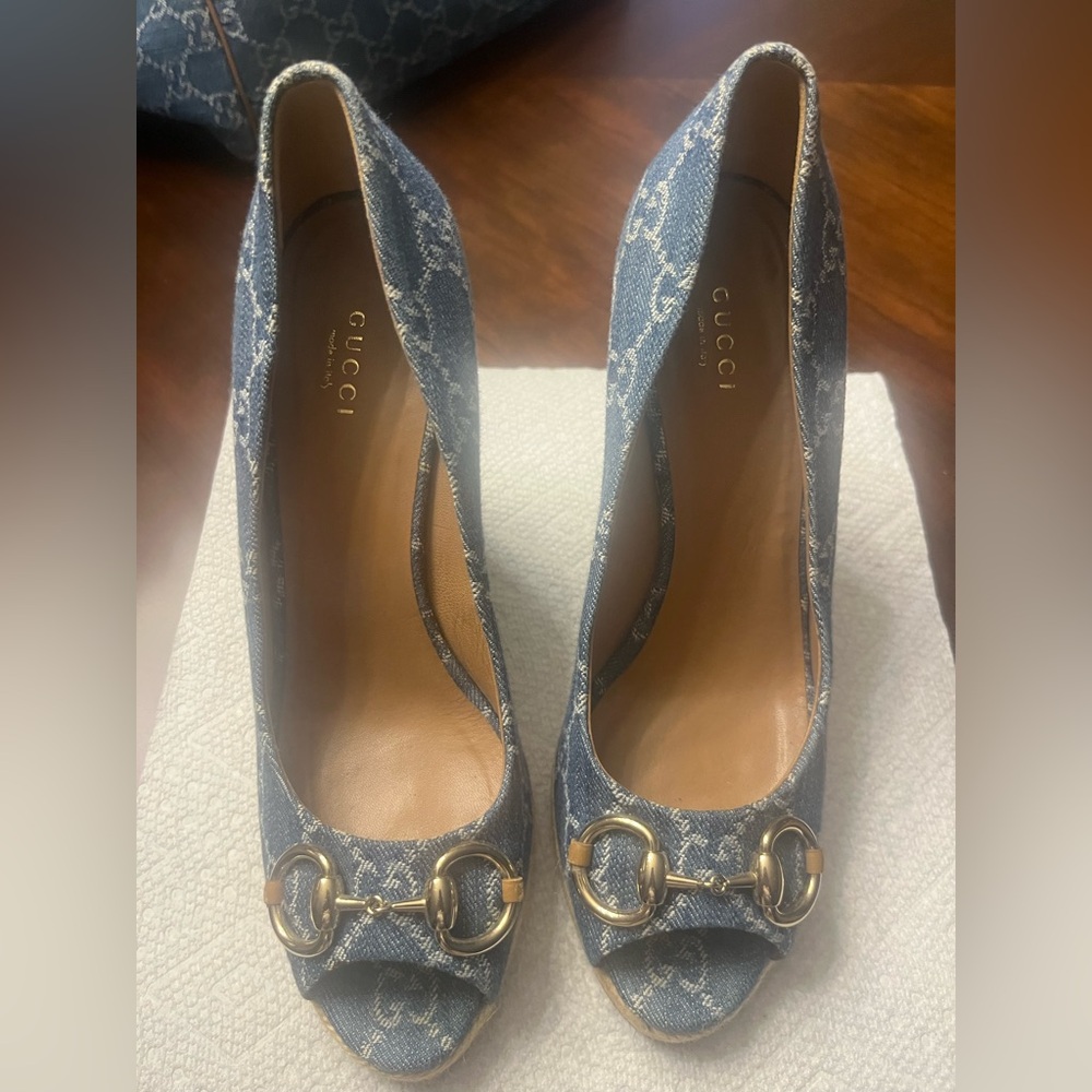 Gucci Blue Denim Heels with Gold Accents